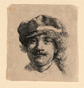 Selvportræt iført en blød kasket: Helt ansigt, kun hoved af Rembrandt van Rijn