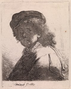 Selvportræt med hue og tørklæde og mørkt ansigt af Rembrandt van Rijn