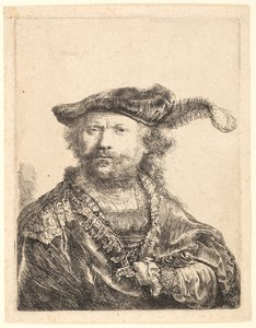 Selvportræt i fløjlskasket med fane af Rembrandt van Rijn