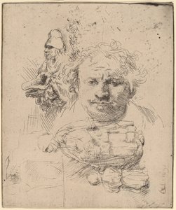 Studieark med hovedet af kunstneren, en tiggermand og kvinde og barn af Rembrandt van Rijn