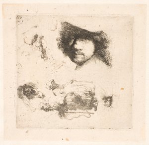 Ark med studier: leder af Rembrandt, tiggerpar, ledere af gammel mand og gammel kvinde osv. af Rembrandt van Rijn