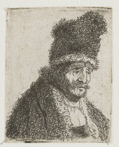 Samling af studier af mænds hoveder: en ældre mand i pelsfrakke og høj hue af Rembrandt van Rijn