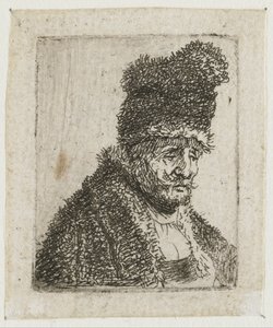 Samling af studier af mænds hoveder: en ældre mand i pelsfrakke og høj hue af Rembrandt van Rijn