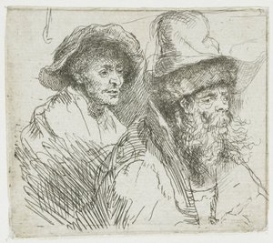 Tegningsark med en kvinde, der ligger syg i sengen: brystbilleder af to mandlige figurer af Rembrandt van Rijn