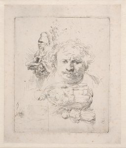 Tegningsark med Rembrandts hoved, en tigger, en kvinde og et barn af Rembrandt van Rijn