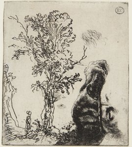 Ark med to studier: Et træ og den øverste del af et selvportræt med en fløjlshue af Rembrandt van Rijn