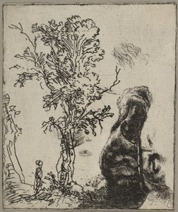 Ark med to studier: Et træ og den øverste del af et hoved af Rembrandt iført vel..., ca. 1642. af Rembrandt van Rijn