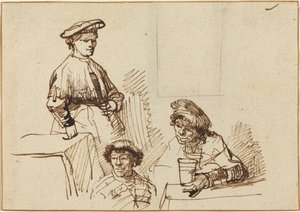 Skitser fra et værtshus: Kvinde stående og to mænd siddende af Rembrandt van Rijn