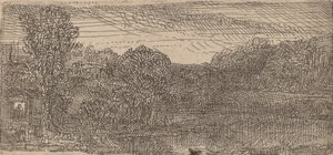Lille gråt landskab: et hus og træer ved siden af en pool, ca. 1640. af Rembrandt van Rijn