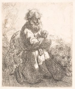 Sankt Jerome knæler i bøn og kigger ned af Rembrandt van Rijn