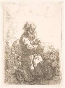 Sankt Jerome knæler i bøn og kigger ned af Rembrandt van Rijn