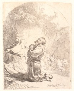 Sankt Hieronymus beder: buet tryk af Rembrandt van Rijn
