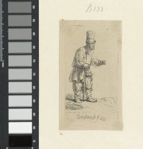 Stående landmand med høj hovedbeklædning, lænet på en pind Recueil de quatre-vingt-cinq estampes originales (serietitel) af Rembrandt van Rijn