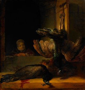 Stilleben med to påfugle og en pige, ca 1639 af Rembrandt van Rijn