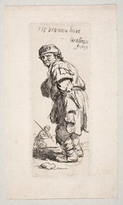 En stående landsbyboer, der vender mod venstre, og en figur med en stok i baggrunden »Tis vinnich Kout« af Rembrandt van Rijn