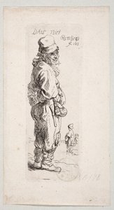 En stående landsbyboer, der vender mod højre: »DatS niet« af Rembrandt van Rijn