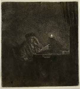 Student ved et bord ved levende lys af Rembrandt van Rijn