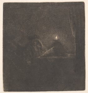 En studerende ved et bord i stearinlysets skær af Rembrandt van Rijn