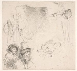 Studieblad, bl.a med en sengeliggende kvinde af Rembrandt van Rijn
