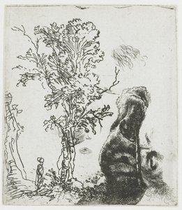 Tegning med et træ og den øverste del af Rembrandts hoved med baret af Rembrandt van Rijn
