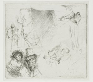 Studiebillede med en syg kvinde i sengen af Rembrandt van Rijn