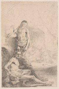 Nøgenstudier: en siddende mand og en stående mand; med en kvinde og et spædbarn svagt skitseret i baggrunden af Rembrandt van Rijn