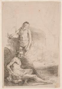 Nøgenstudier: en siddende mand og en stående mand; med en kvinde og et spædbarn svagt skitseret i baggrunden af Rembrandt van Rijn
