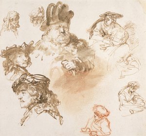 Studier af gamle mænds hoveder og tre kvinder med børn, ca. 1635-36 (blæk og vask på papir) af Rembrandt van Rijn