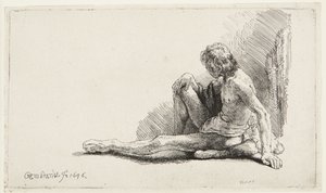 Studie efter nøgenmodel (Mand siddende på jorden) (Bartsch 196, den anden af to udgaver; H. 221; Muntz 137 II) af Rembrandt van Rijn