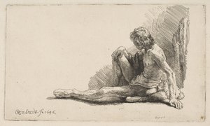 Study from the Nude: Man Seated on Ground, with One Leg Extended, 1646. af Rembrandt van Rijn