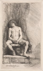 Studie efter nøgenmodel: mand siddende foran et forhæng af Rembrandt van Rijn
