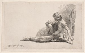 Studie efter nøgenmodel: mand siddende på jorden med det ene ben strakt ud af Rembrandt van Rijn