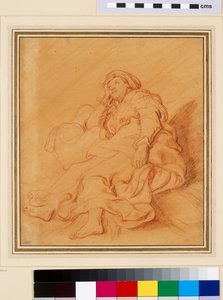 Studie af Rachels figur, ca. 1621 (rødt kridt med sort og hvidt kridt på orange forberedt papir) af Rembrandt van Rijn