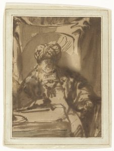 Skuespilleren Willem Bartholsz Ruyter som kong Ahasverus på sin trone af Rembrandt van Rijn