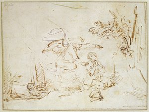Englen viser sig for Hagar og Ismael i ørkenen (pen og brunt blæk med kropsfarve på papir) af Rembrandt van Rijn