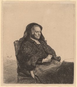Kunstnerens mor sidder ved et bord og ser rigtigt ud af Rembrandt van Rijn