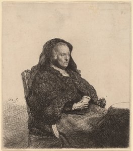 Kunstnerens mor sidder ved et bord og ser rigtigt ud af Rembrandt van Rijn