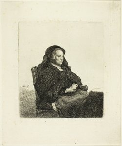 Kunstnerens mor sidder ved et bord og kigger til højre: Trekvart længde af Rembrandt van Rijn