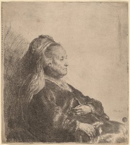 Kunstnerens mor siddende, i en orientalsk hovedbeklædning af Rembrandt van Rijn