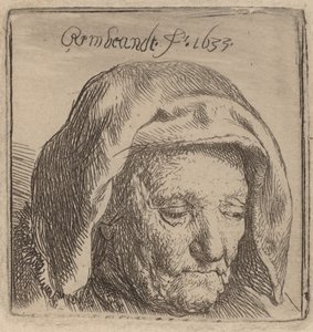 Kunstnerens mor i en hovedbeklædning i stof, ser ned, 1633. af Rembrandt van Rijn
