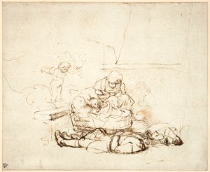 Den hellige familie sover, med engle, 1645 (pen og blæk med gouache på papir) af Rembrandt van Rijn