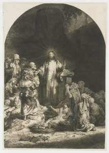 De hundrede gylden print: det centrale stykke med Kristus prædiken, pladen buet af Rembrandt van Rijn