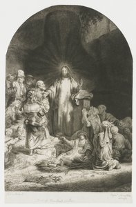 »De hundrede gylders tryk«: det centrale motiv med Kristus, der prædiker; pladen er buet af Rembrandt van Rijn