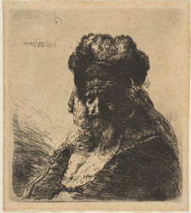 Den gamle skæggede mand i en høj pelshue, med lukkede øjne, ca. 1635. af Rembrandt van Rijn