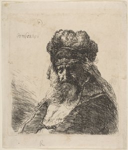 Den gamle skæggede mand i en høj pelshue, med lukkede øjne, ca. 1635. af Rembrandt van Rijn