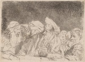 Farisæerne debatterer Fragment fra Hundred Guld Print, ca. 1649. af Rembrandt van Rijn