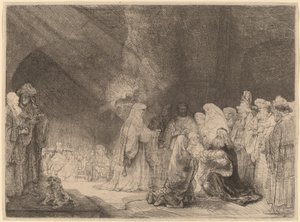 Præsentationen i templet: Aflangt tryk af Rembrandt van Rijn