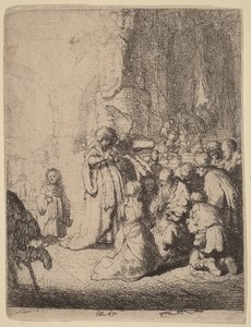 Ofre i templet med englen: Lille plade af Rembrandt van Rijn