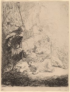 Den lille løvejagt (med to løver) af Rembrandt van Rijn