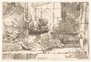 Jomfruen og barnet med katten: og Josef ved vinduet af Rembrandt van Rijn